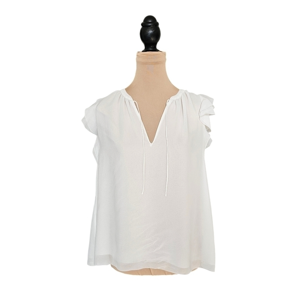 Wilfred White Mesh Ruffle Modern Peasant Blouse With Front Strings Sz M
